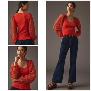 Anthropologie Maeve Lace Sleeves Orange Red Ribbed Knit Top Blouse M​​​​